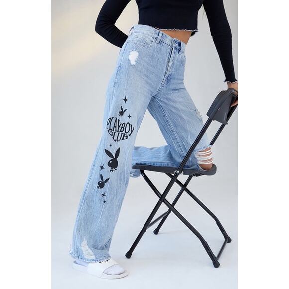 Pac Sun x Playboy Wide Leg Super Distressed Light Wash High Waist Jeans Size 24 - Picture 1 of 16